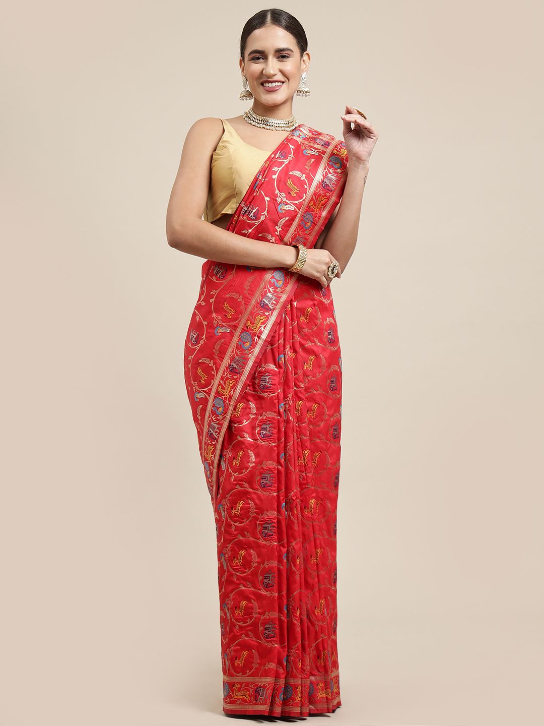 Red color Woven Design Zari Silk Blend Patola Saree