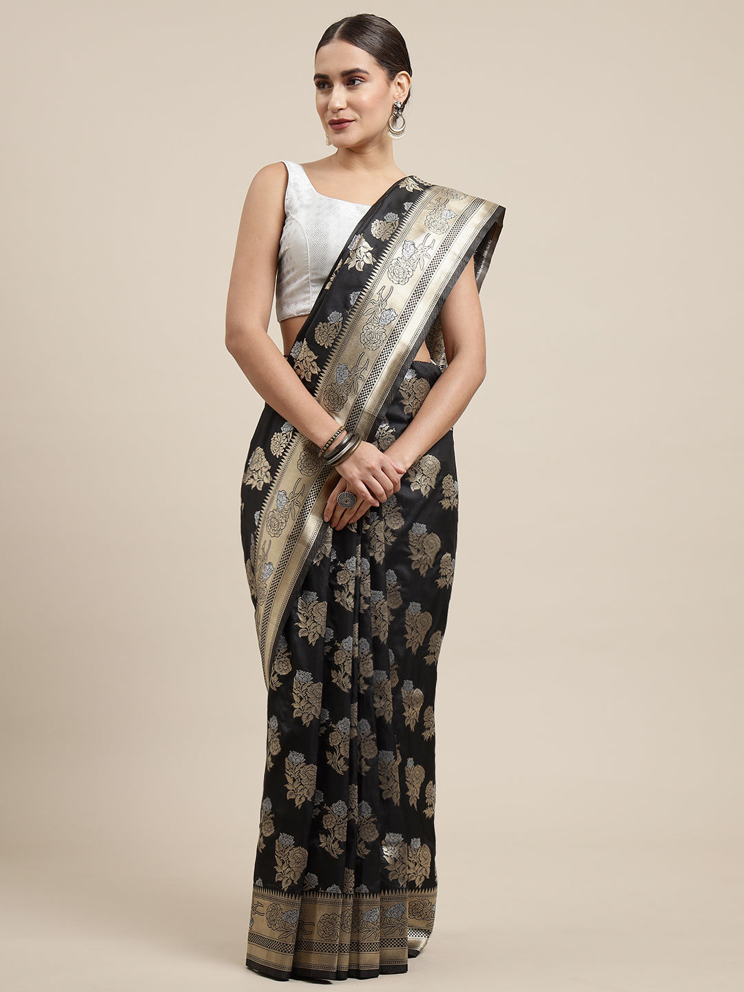 Black Color Latest Bollywood Collection Banarasi Silk Saree Silver And Gold Toned Zari Weaving Work With Blouse