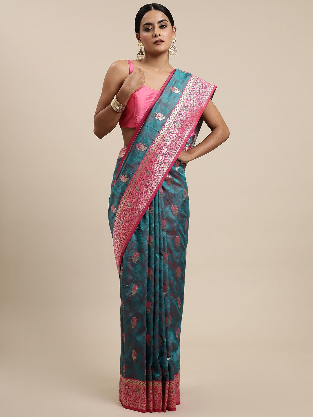 Steel Rama Color Heavy Banarasi silk Emboss Saree Gorgeous all over Body Design