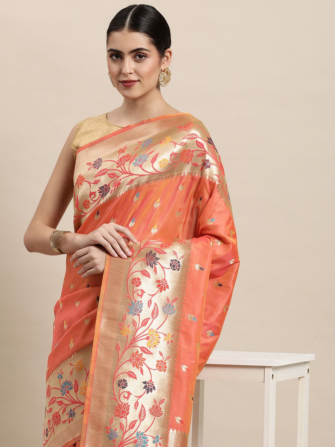 peach best multicolor meenawork zariweaving banarasi saree for woman