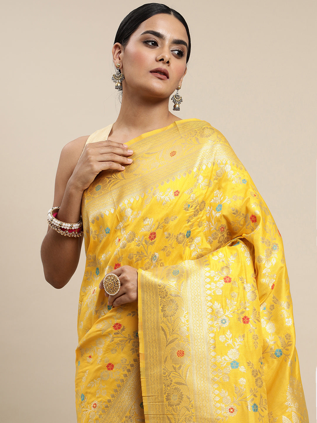 Yellow Color Soft Silk Banarasi Saree Gorgeous Meenakari Design And Pallu