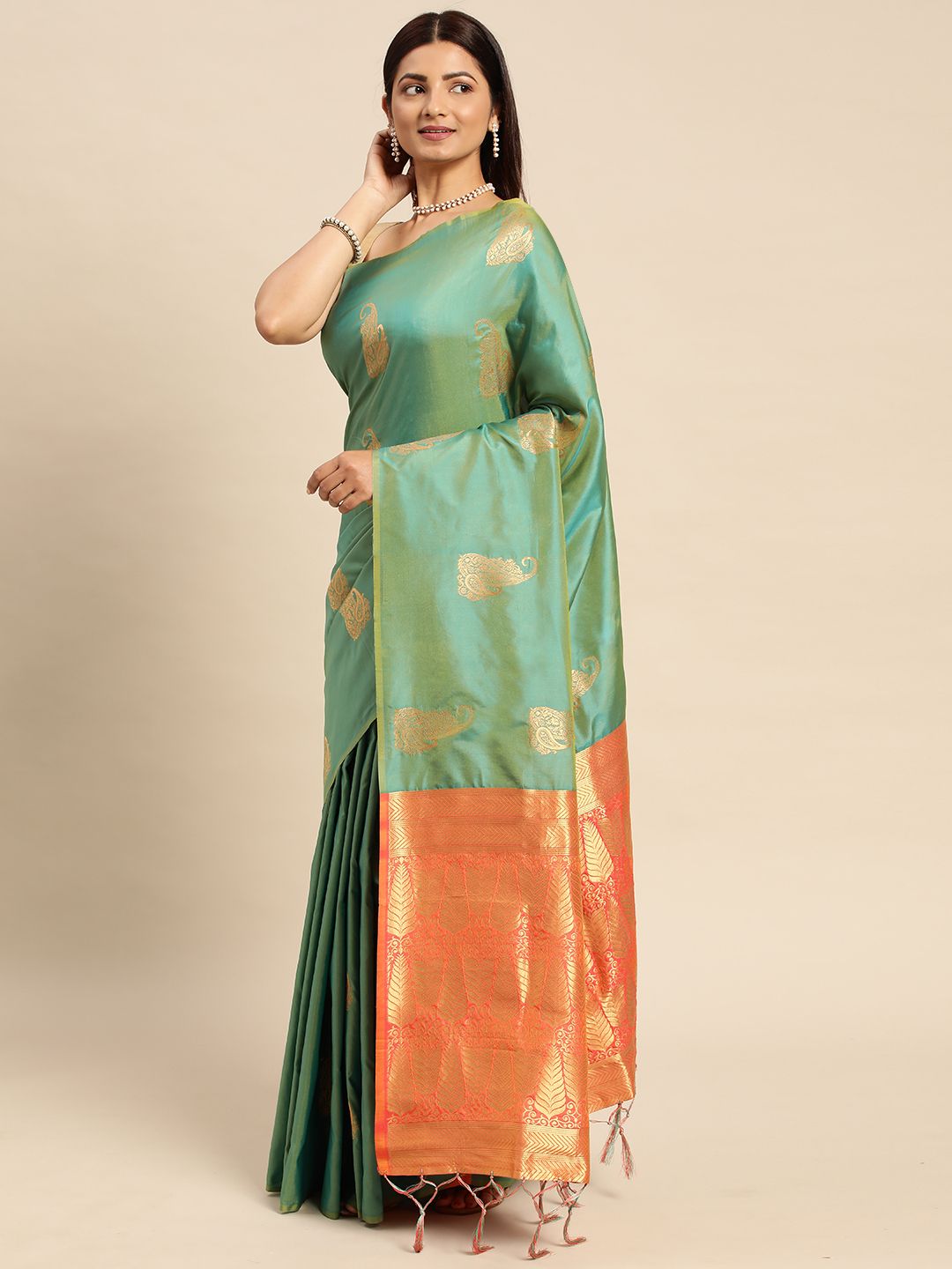 Sea Green color Indian Silk Sarees