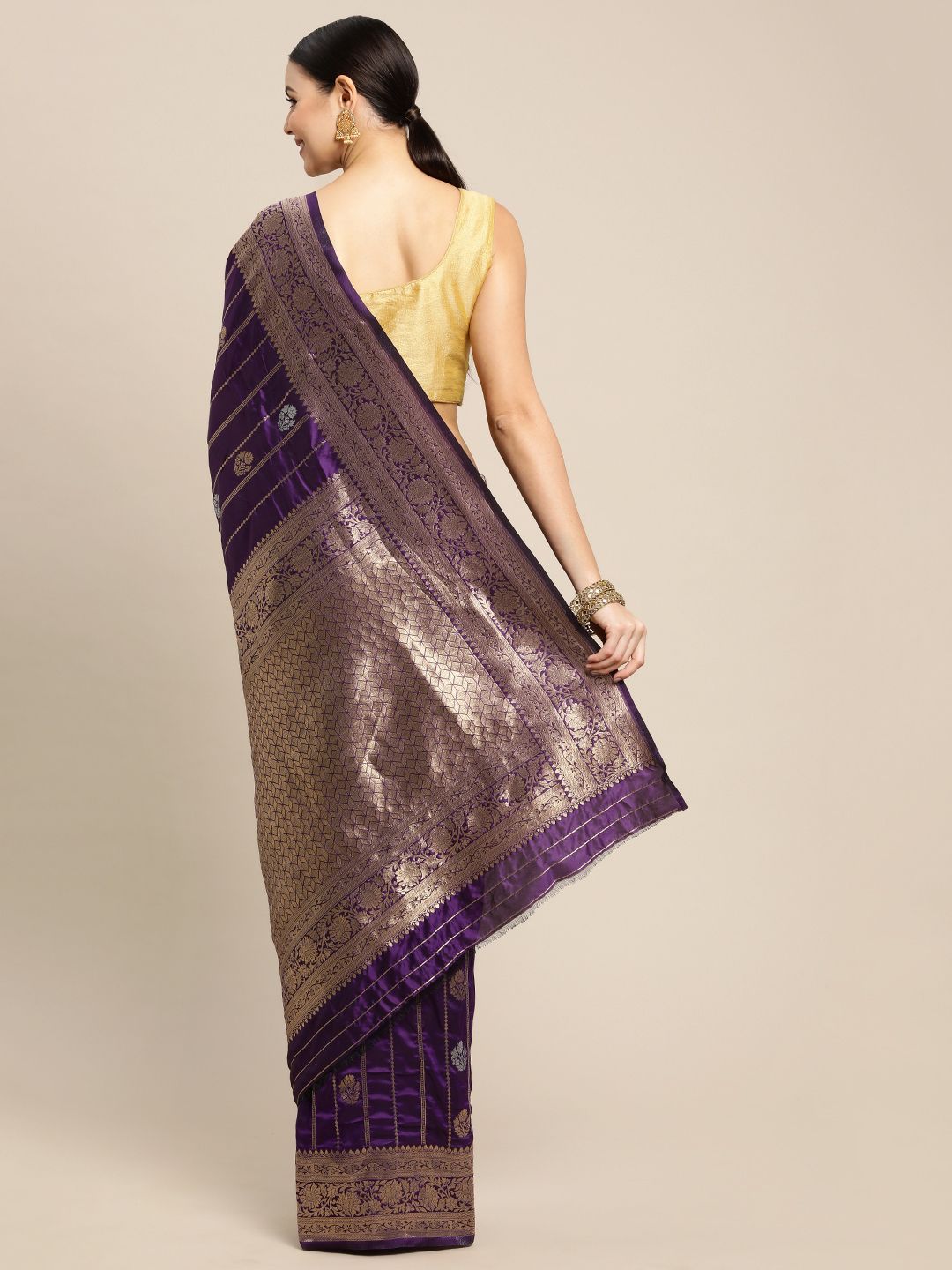 Purple Color Bollywood Banarasi Silk Saree And Silver And Gold Zari Weaving Work