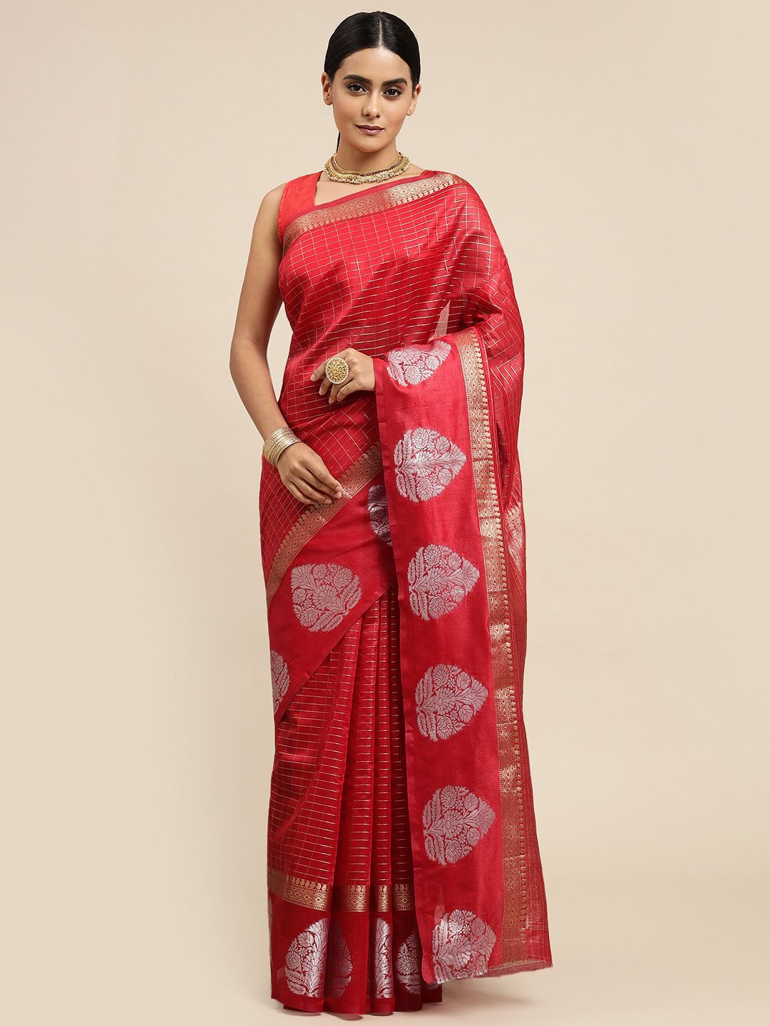 Red color designer  linen silk saree
