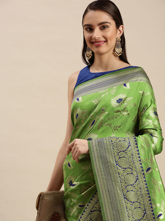 Pista Green  Color Designer Banarasi Silk Saree With Meenkari Work Design