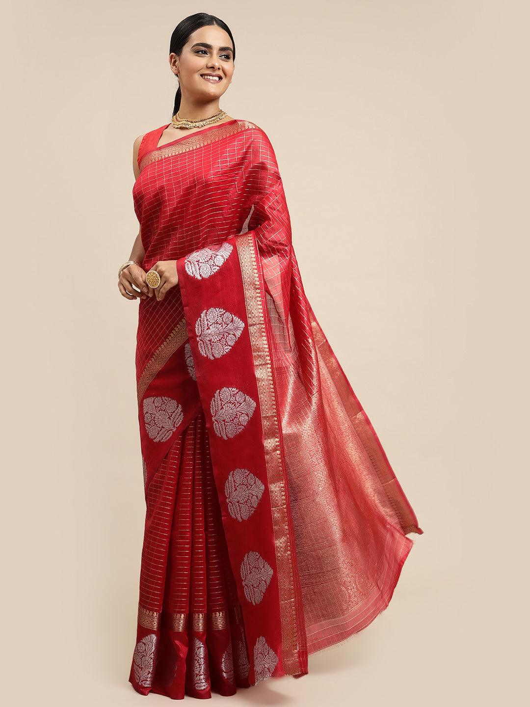Red color designer  linen silk saree