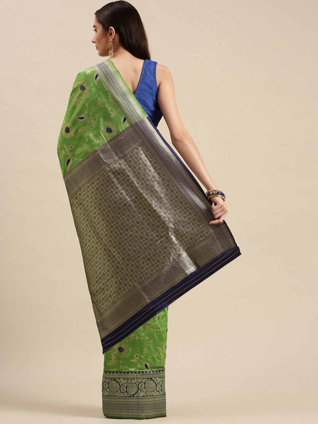 Pista green  color Designer Banarasi silk saree with meenkari work design