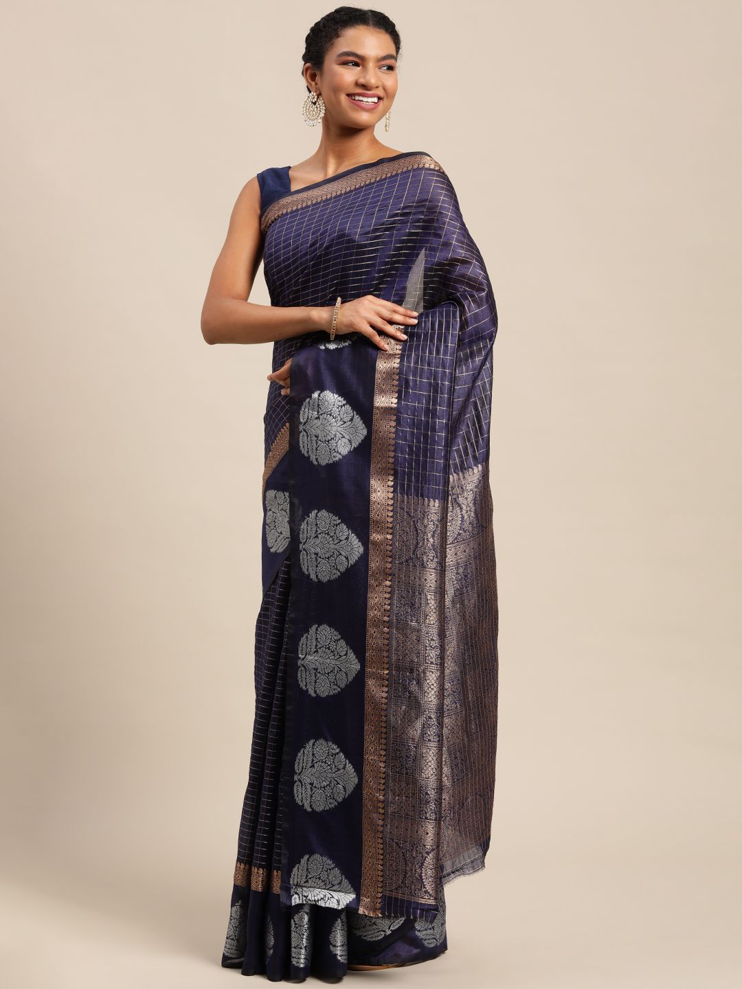 Navy Blue color designer linen silk saree