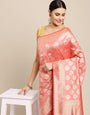 Peach Color Exclusive Banarasi Silk Saree And Beautiful Silver and Gold Zari Work-Indian Collection