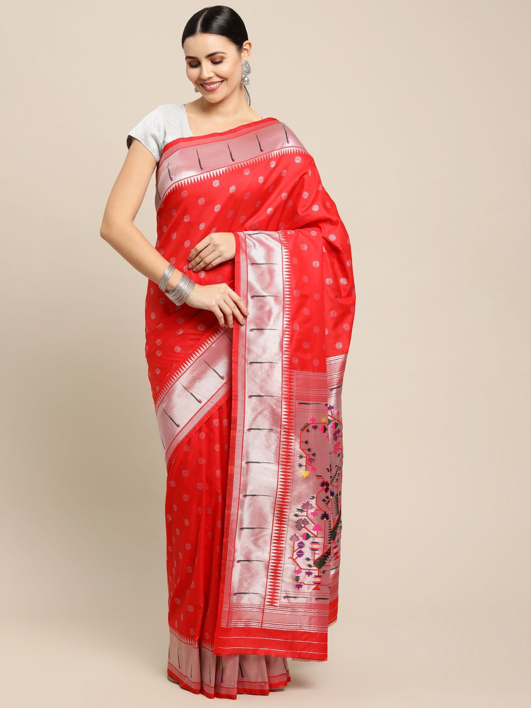Red Color Pure Soft Paithani Silk Muniya bodar Saree and Silver Zari Weaving Work