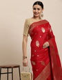Red Color Exclusive Banarasi Saree Design Silver and Gold Zari Weaving Work with Designer pallu