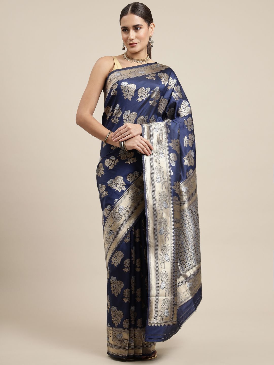 Navy blue Color Latest Bollywood Collection Banarasi Silk Saree Silver And Gold Toned Zari Weaving Work With Blouse