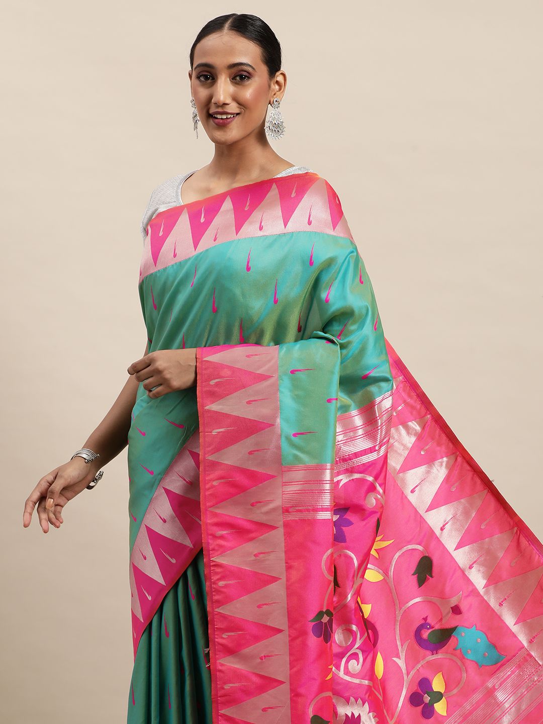 sea green traditional paithani saree for woman fancy look