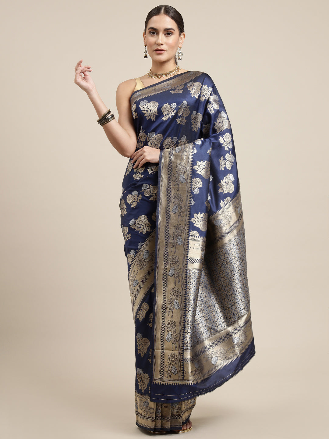 Navy blue Color Latest Bollywood Collection Banarasi Silk Saree Silver And Gold Toned Zari Weaving Work With Blouse