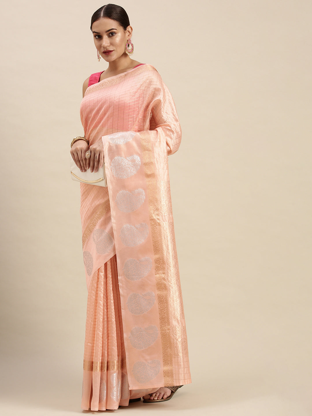 Peach color  linen silk saree gold and silver zari weaving work with rich pallu