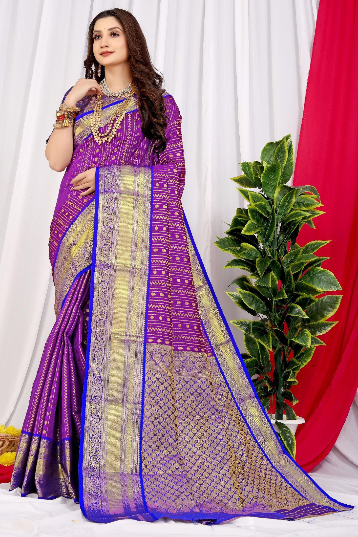 Purple color Designer kanchipuram pattu silk saree With gold zari weaving work and contrast blouse