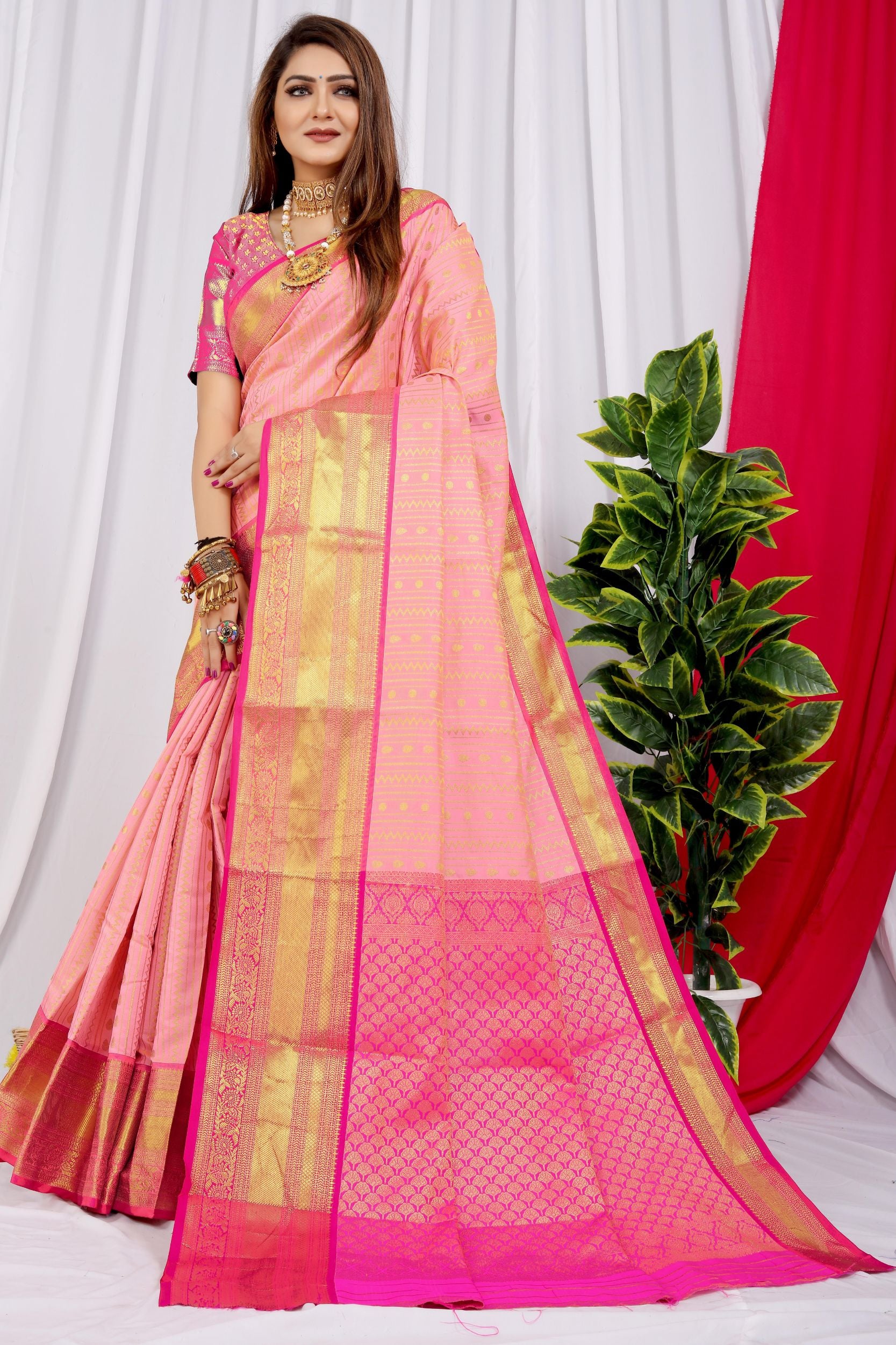 Peach color Designer kanchipuram pattu silk saree With gold zari weaving work and contrast blouse