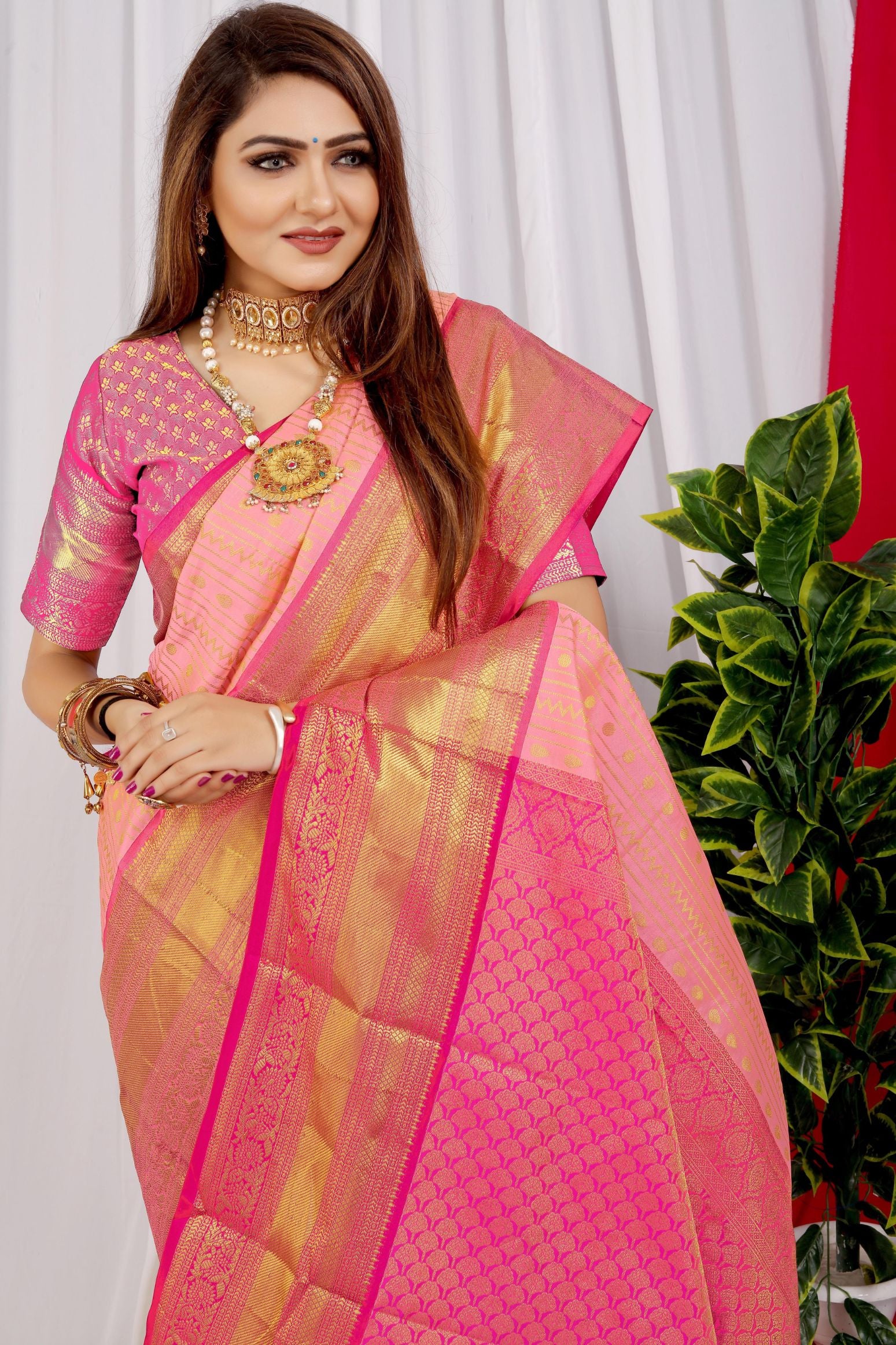 Peach color Designer kanchipuram pattu silk saree With gold zari weaving work and contrast blouse
