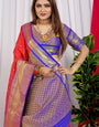Red color Designer kanchipuram pattu silk saree With gold zari weaving work and contrast blouse