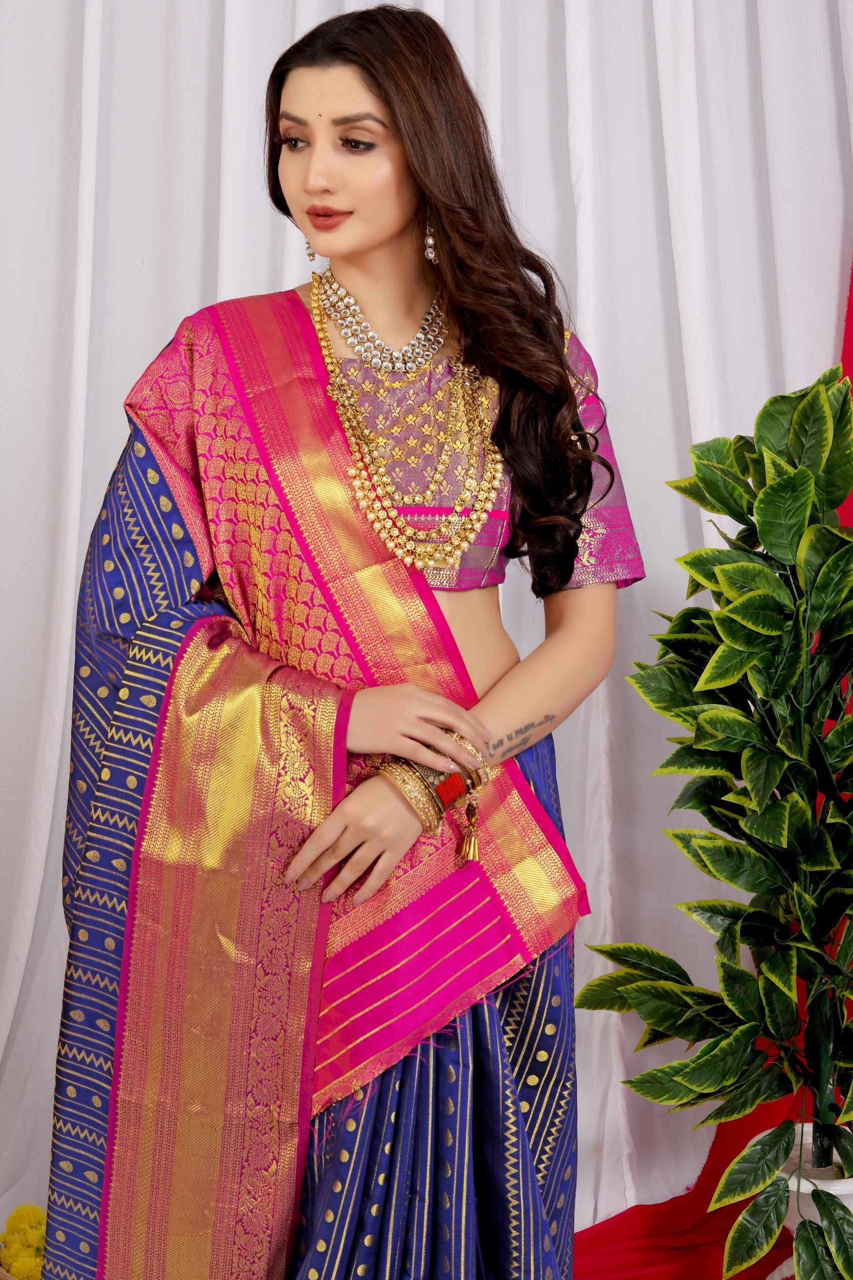 New Designer Kanchipuram Bridal 100% Silk Saree Pink with Mustard color  wedding | eBay