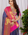 Navy Blue color Designer kanchipuram pattu silk saree With gold zari weaving work and contrast blouse