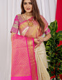 White color Designer kanchipuram pattu silk saree With gold zari weaving work and contrast blouse
