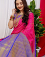 pink color Designer kanchipuram pattu silk saree With gold zari weaving work and contrast blouse