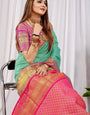 Sea Green color Designer kanchipuram pattu silk saree With gold zari weaving work and contrast blouse