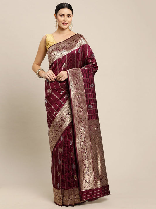 Wine Color Bollywood Banarasi Silk Saree And Silver And Gold Zari Weaving Work - Indian Wedding Collection