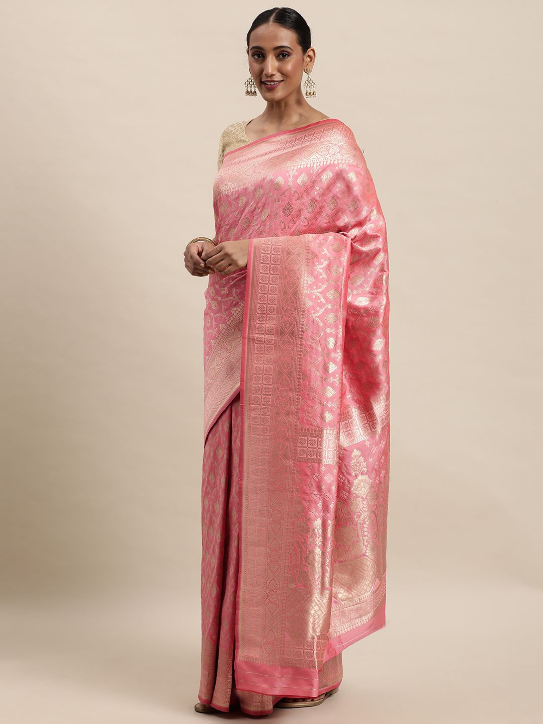 Peach Color Traditional Banarasi Silk Sarees in Bollywood Style