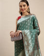 Steel rama Color Pure Soft Paithani Silk Muniya bodar Saree and Silver Zari Weaving Work