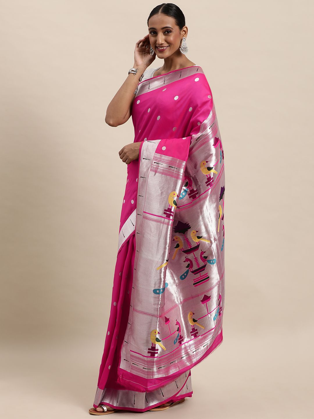 pink color silver zari new paithani saree for woman