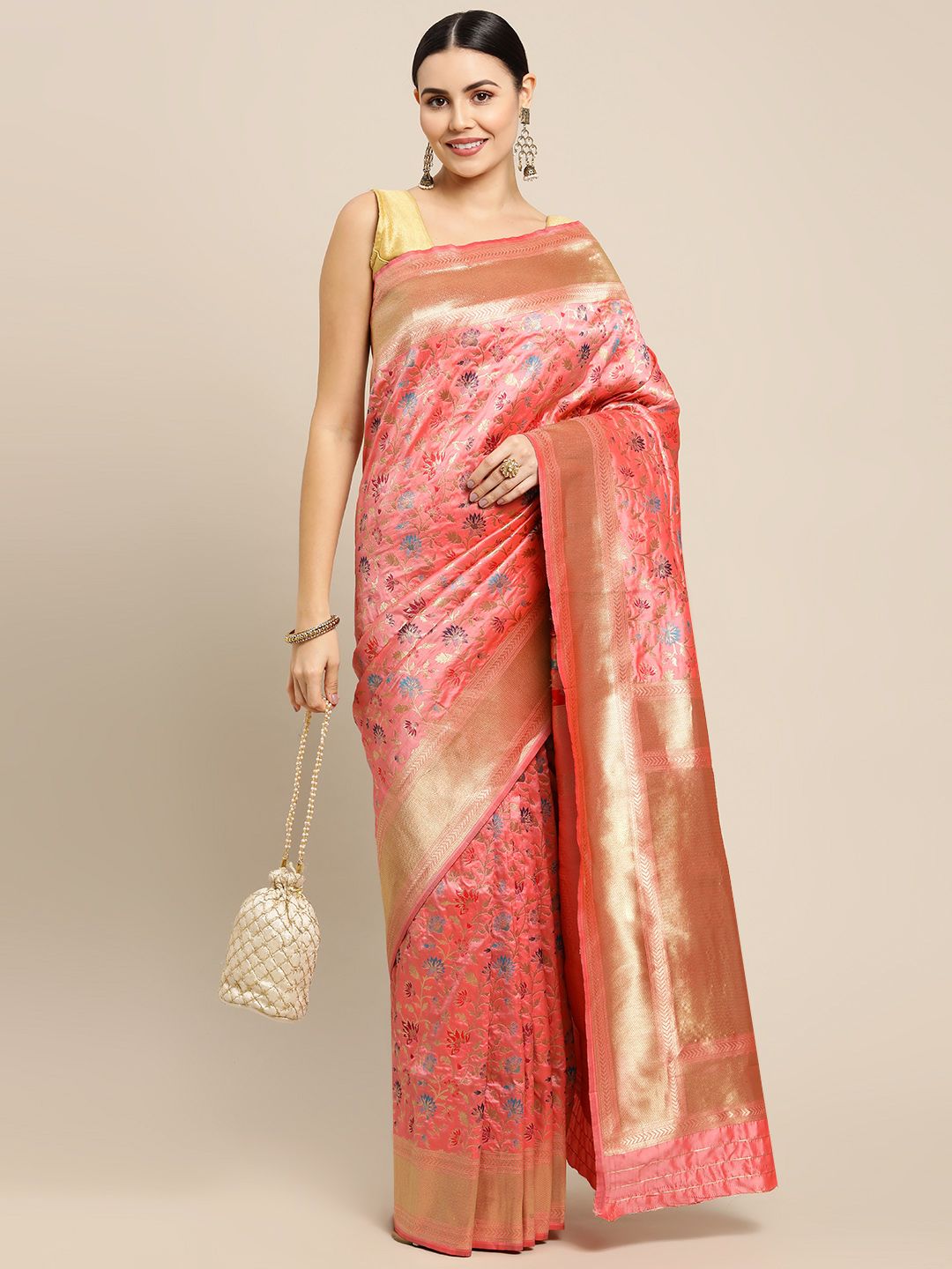 Peach Color Bollywood Festival Banarasi Silk Saree and Heavy designer Look Meenakari Saree
