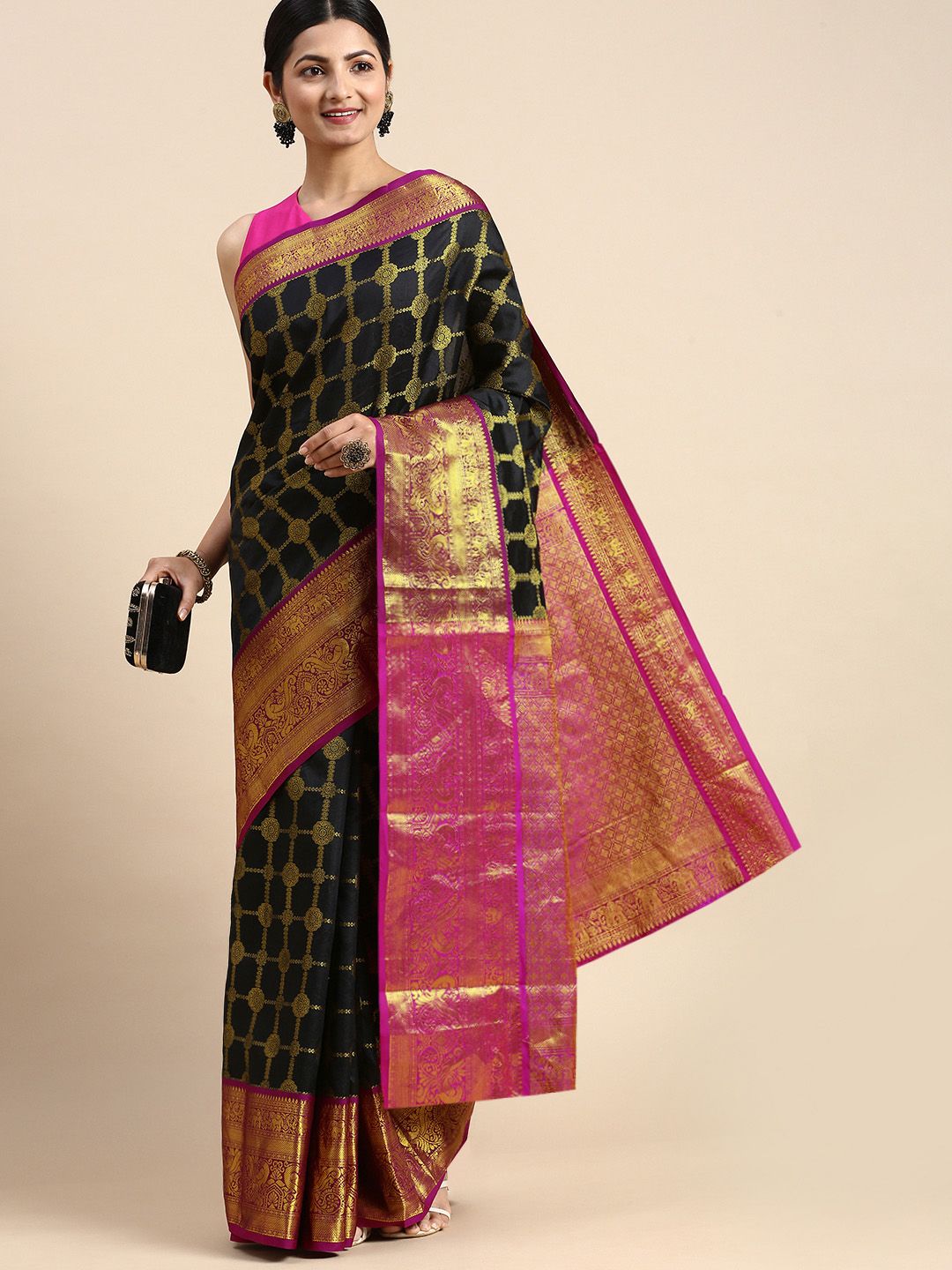 Black kanchipuram pure look saree for woman
