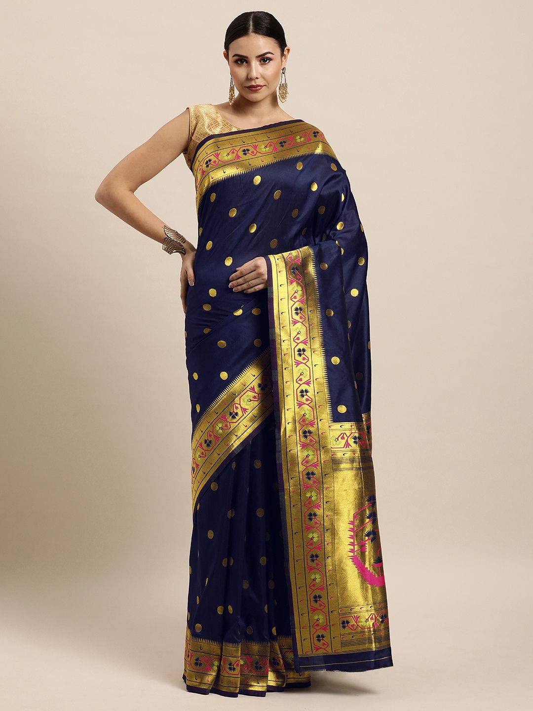 Navy Blue Pure Paithani Silk Saree Gold Zari Weaving Work-Special Wedding wear & party wear Indian Collection