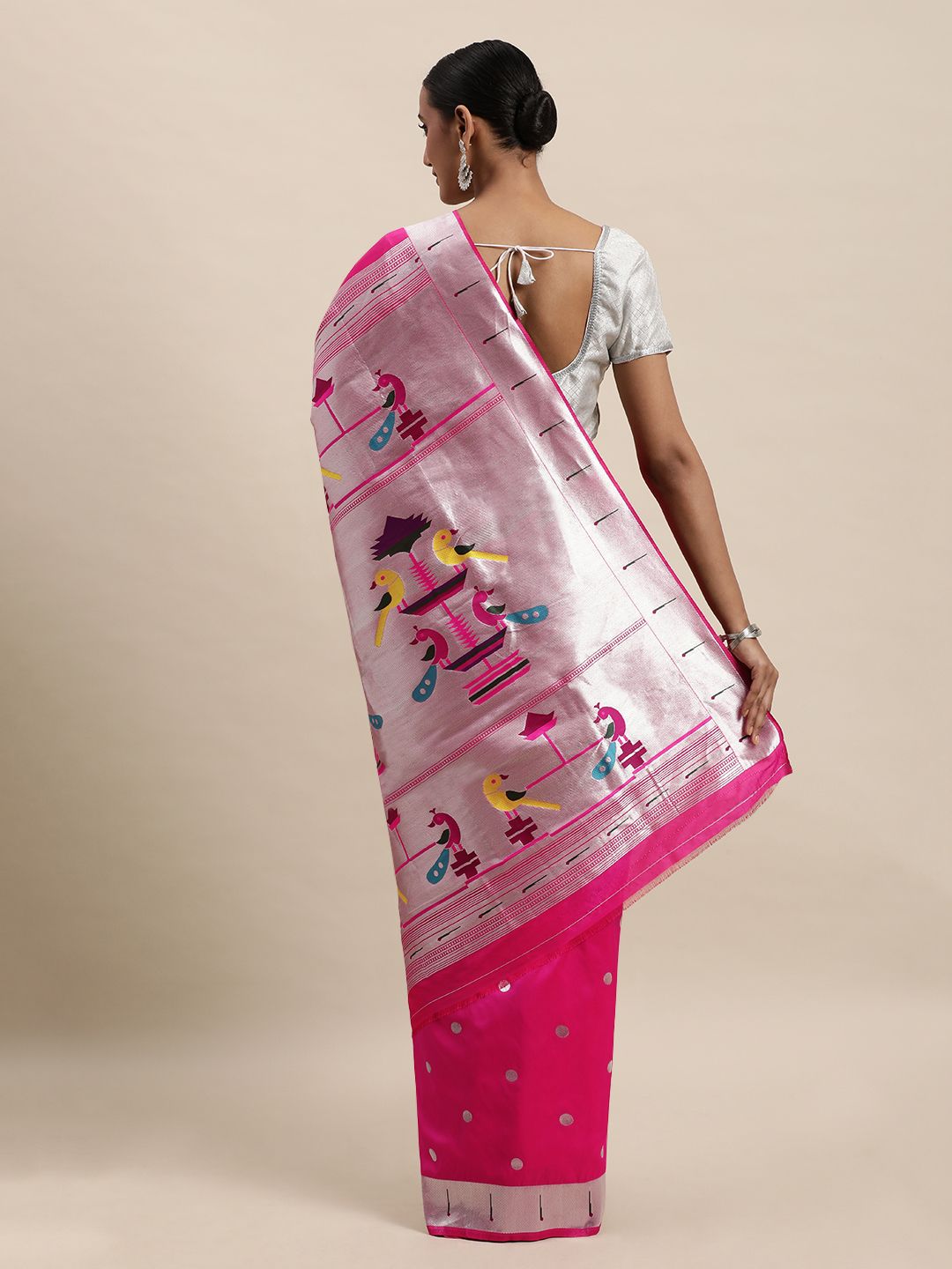 pink color silver zari new paithani saree for woman