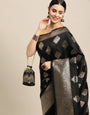 Black Color Festive Banarasi Silk Emboss Design Saree and Gold Zari Weaving Work