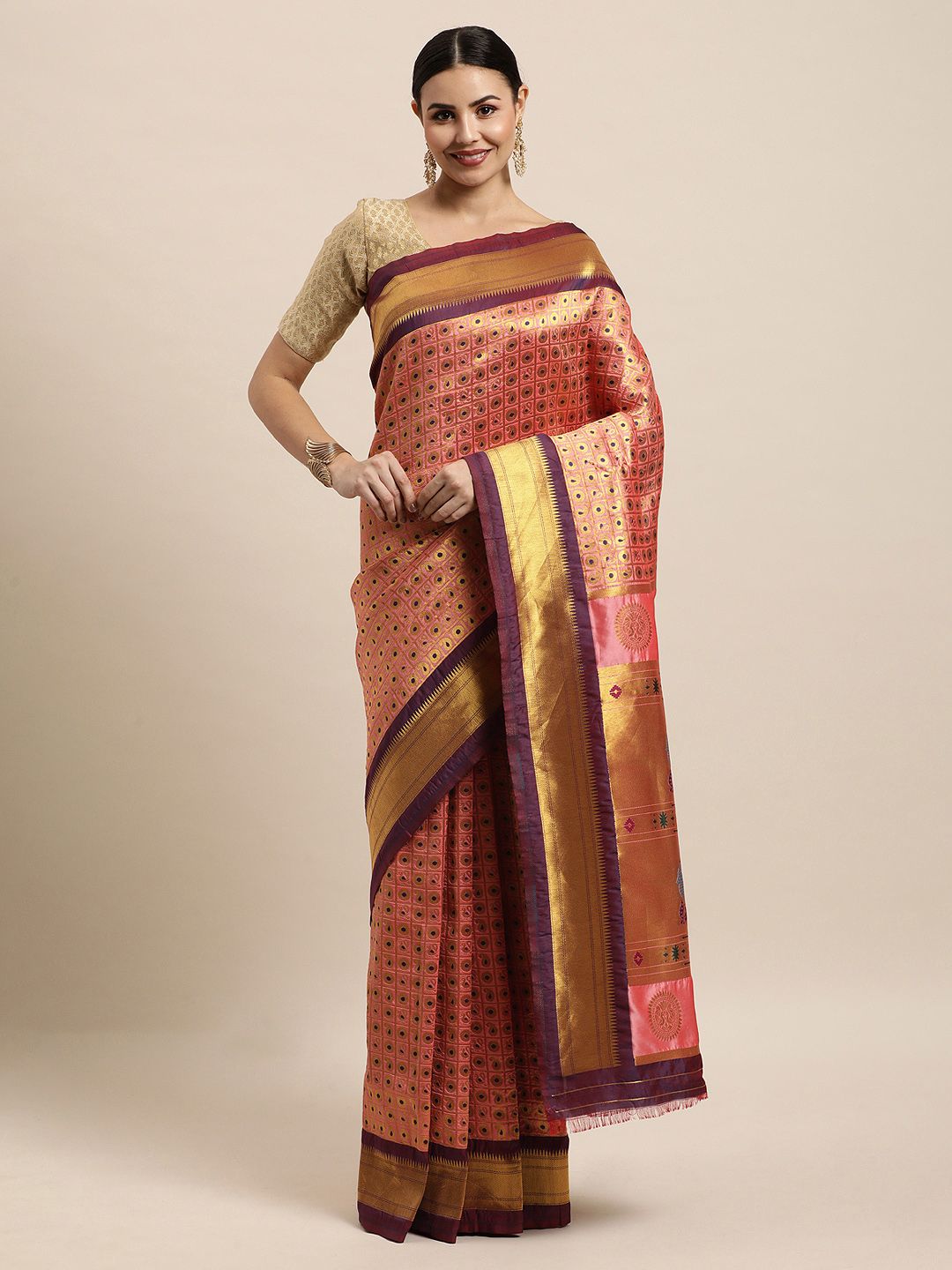 Peach Color handloom Pure Paithani Silk Saee-Every Occation Gorgeous Looking Saree