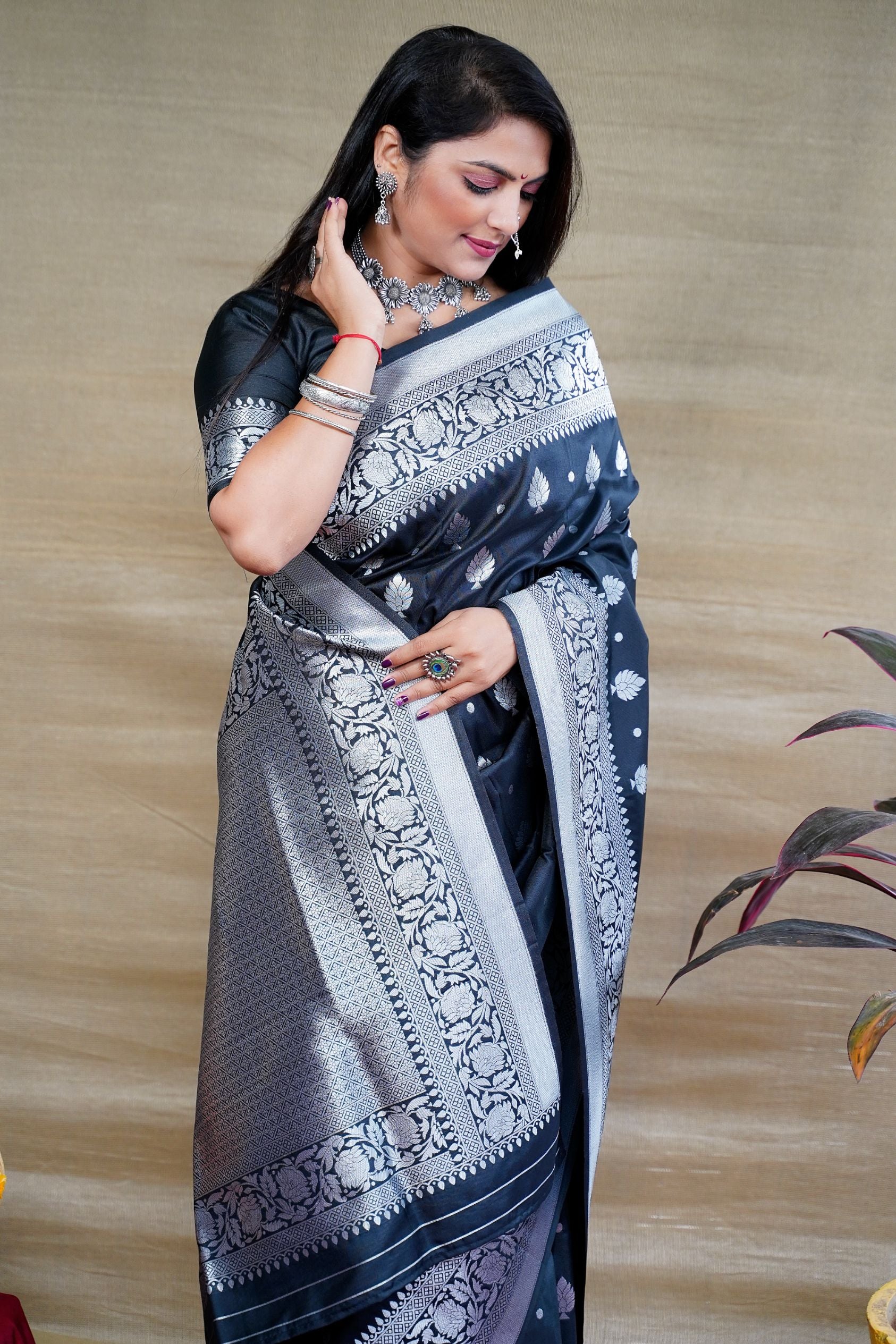 Black Soft Silk Latest Banarasi Saree and Silver Zari Weaving With Blouse