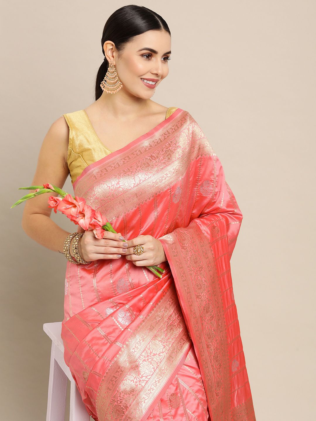 Peach Color Bollywood Banarasi Silk Saree and Silver and Gold Zari Weaving Work - Indian Wedding Collection