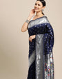 Navy Blue Color Pure Soft Paithani Silk Muniya bodar Saree and Silver Zari Weaving Work