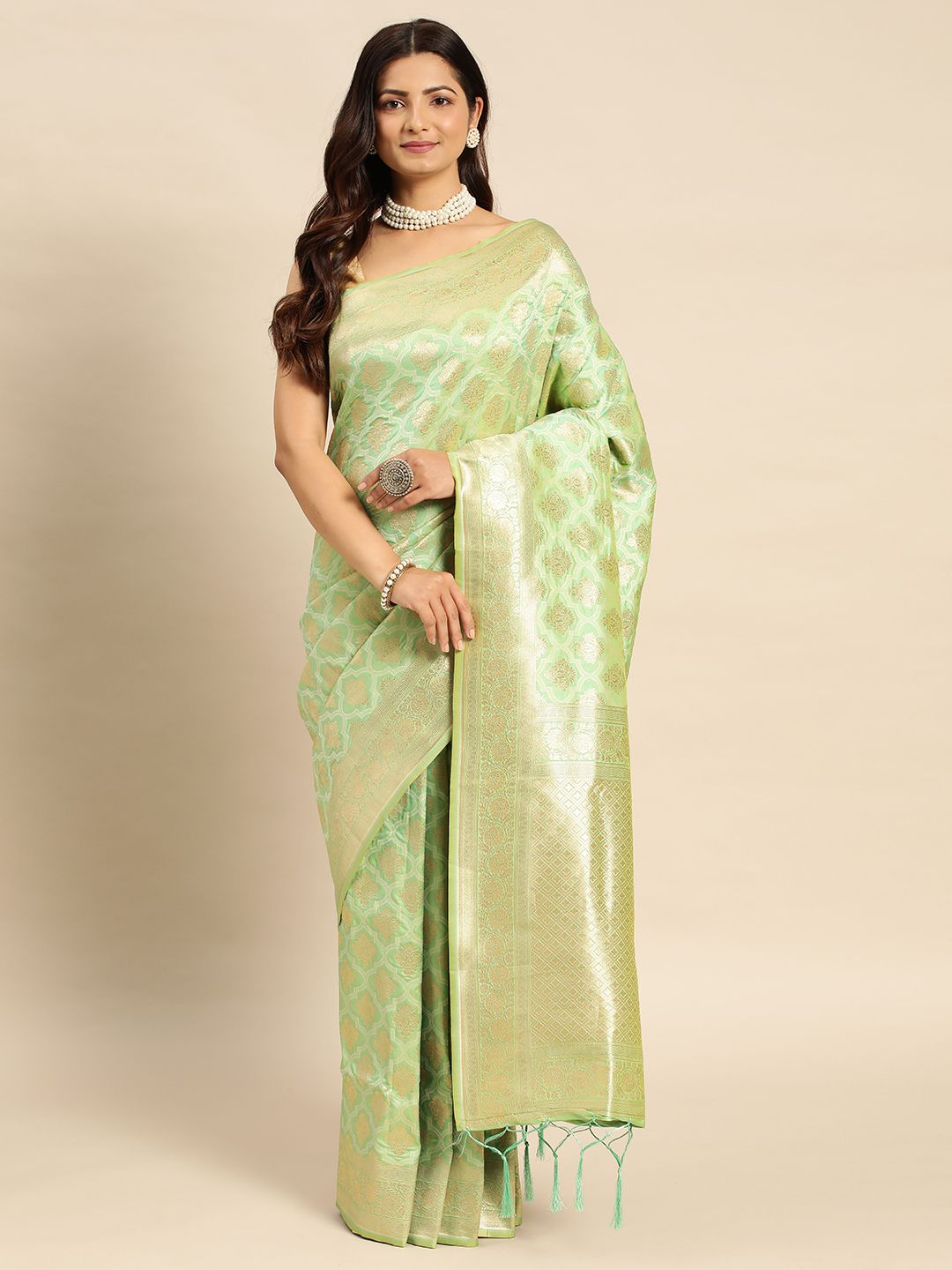 Pista Green Color Pure Soft silk Banarasi Saree-Special Party Wear collection