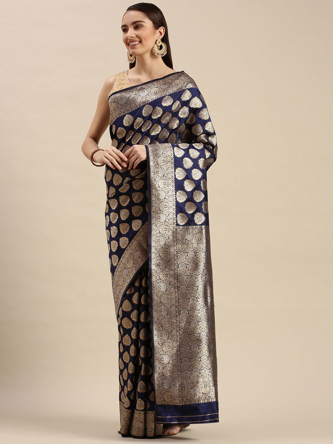 Navy Blue Color Exclusive Banarasi Silk Saree And Beautiful Silver and Gold Zari Work-Indian Collection