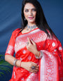 Red Soft Silk Latest Banarasi Saree and Silver Zari Weaving With Blouse