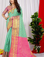Sea Green Color Pure Kanchipuram Soft Silk Saree And Contrast Designer Pallu And Blouse