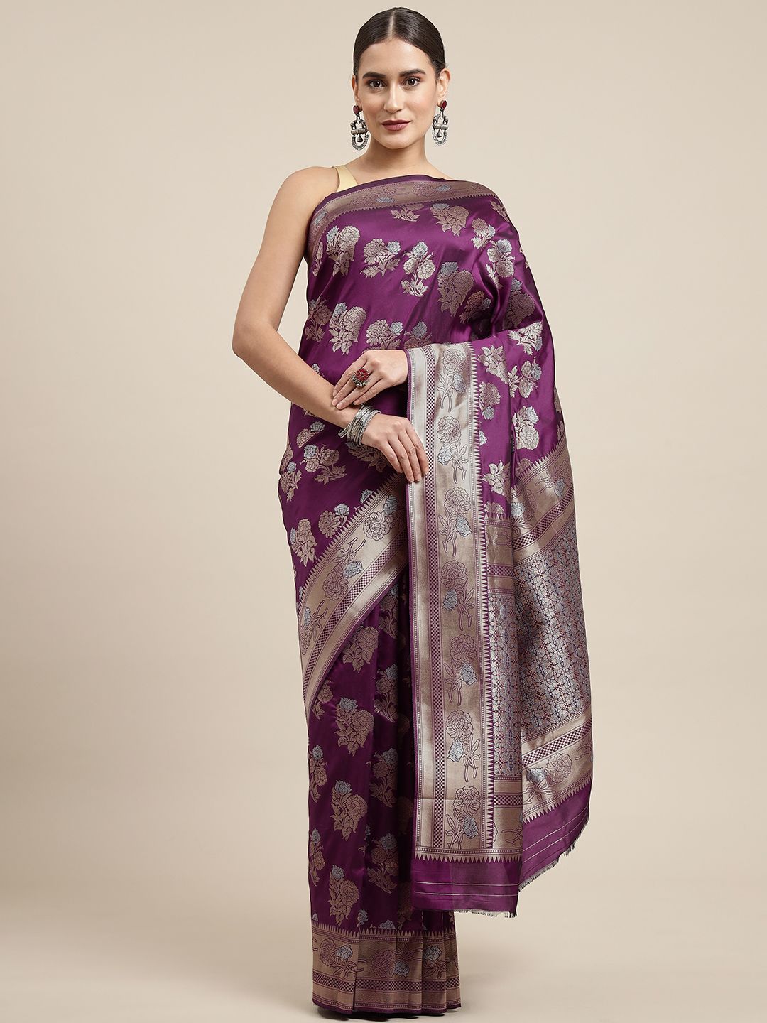 Wine Color Latest Bollywood Collection Banarasi Silk Saree Silver And Gold Toned Zari Weaving Work With Blouse