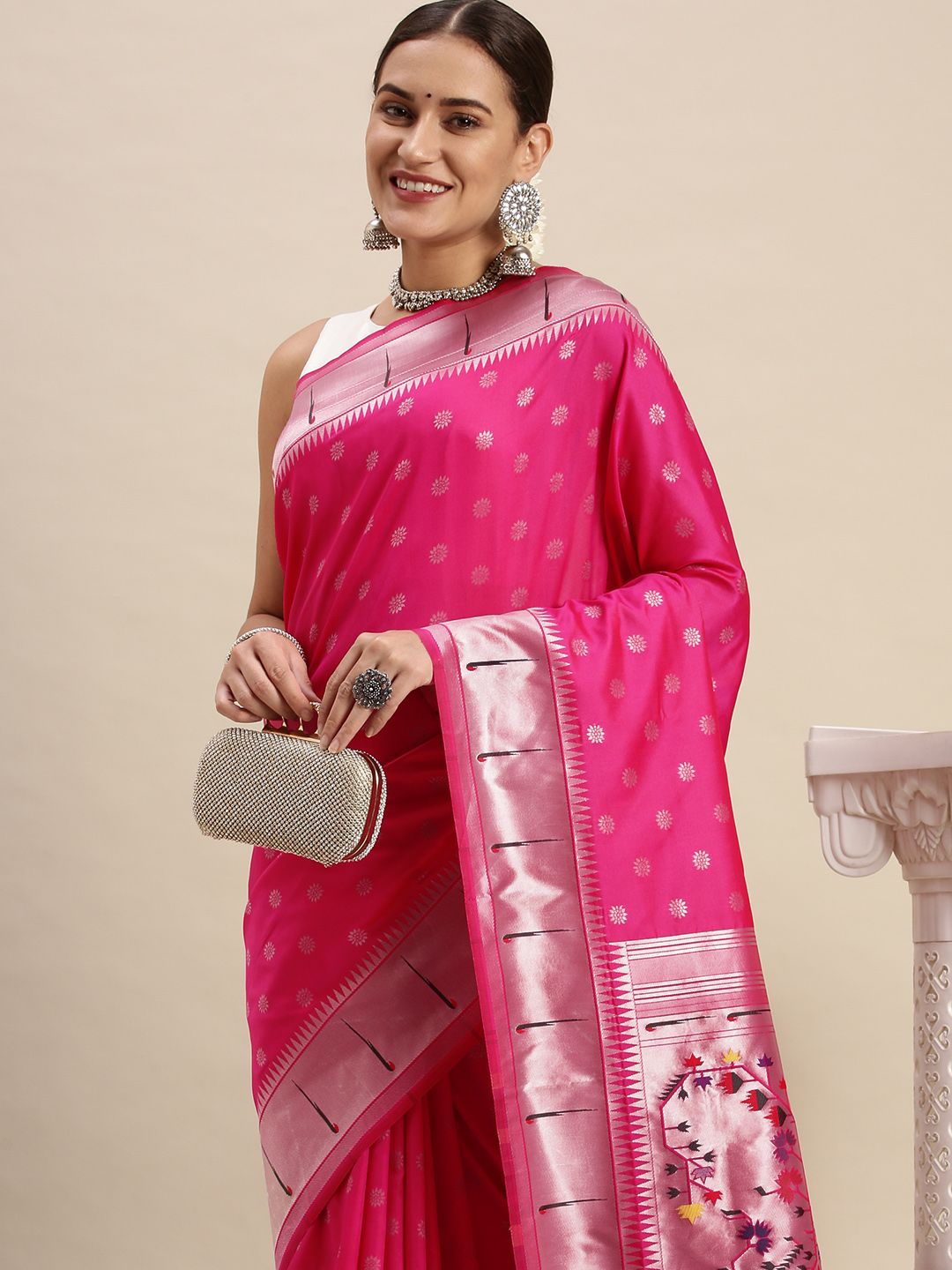 pink Color Pure Soft Paithani Silk Muniya bodar Saree and Silver Zari Weaving Work