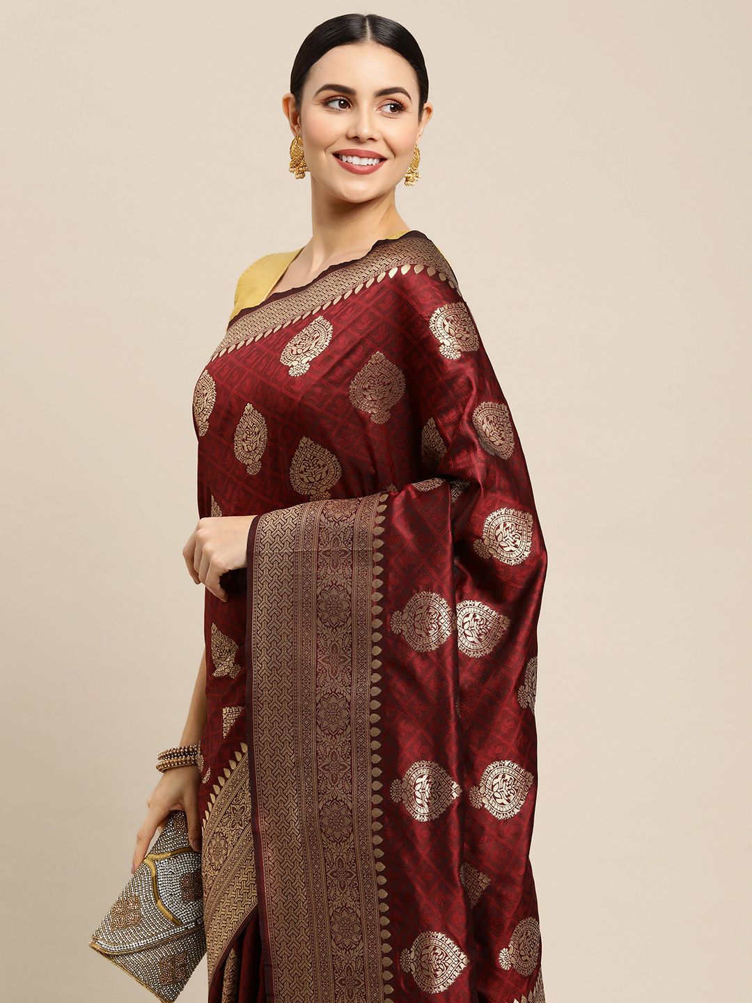 Maroon Color Festive Banarasi Silk Emboss Design Saree and Gold Zari Weaving Work