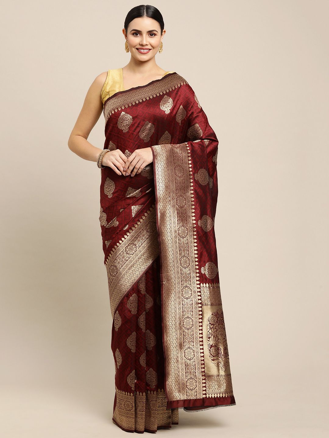 Maroon Color Festive Banarasi Silk Emboss Design Saree and Gold Zari Weaving Work