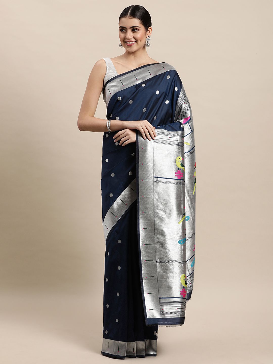 navy blue color silver zari new paithani saree for woman